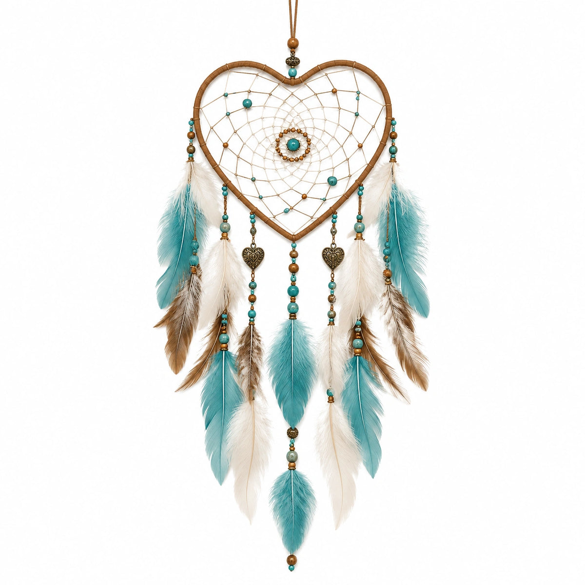 Acchiappasogni da parete 35 x 80 cm con corda perline e piume turchese bianco marrone stile boho
