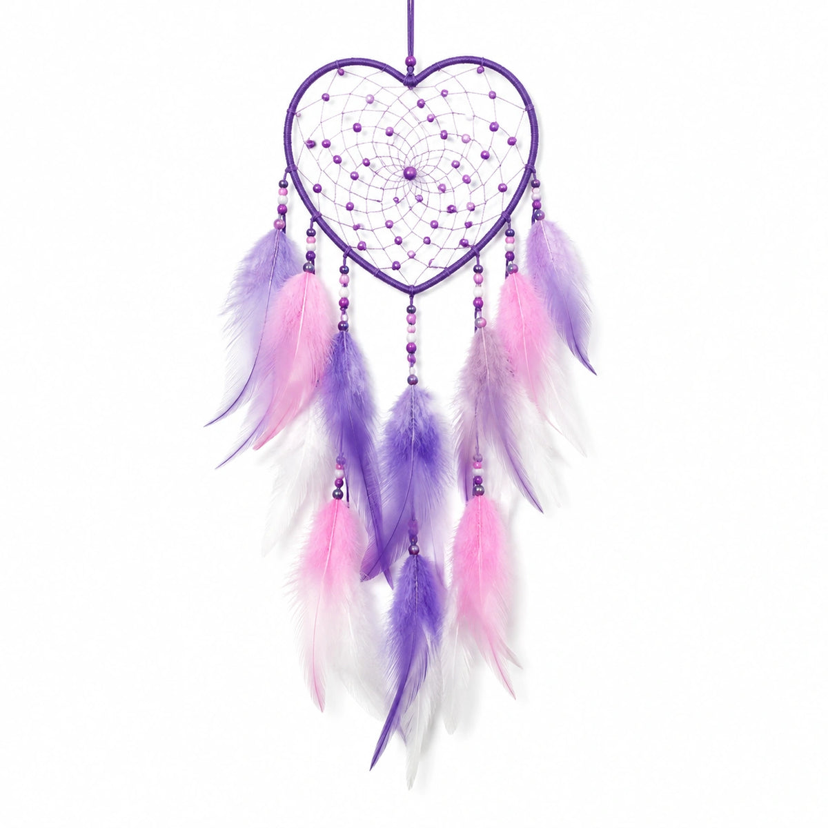 Acchiappasogni a cuore 30 x 70 cm con piume e perline viola rosa bianco da parete