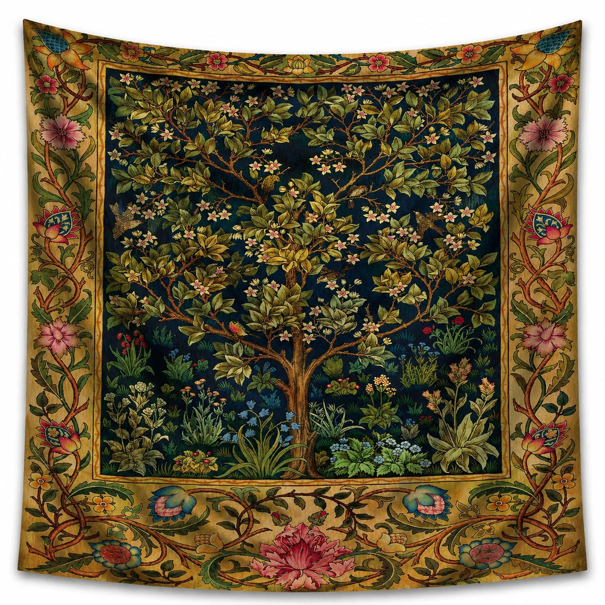 Arazzo da parete 150 x 150 cm in tessuto blu con albero floreale stile botanico