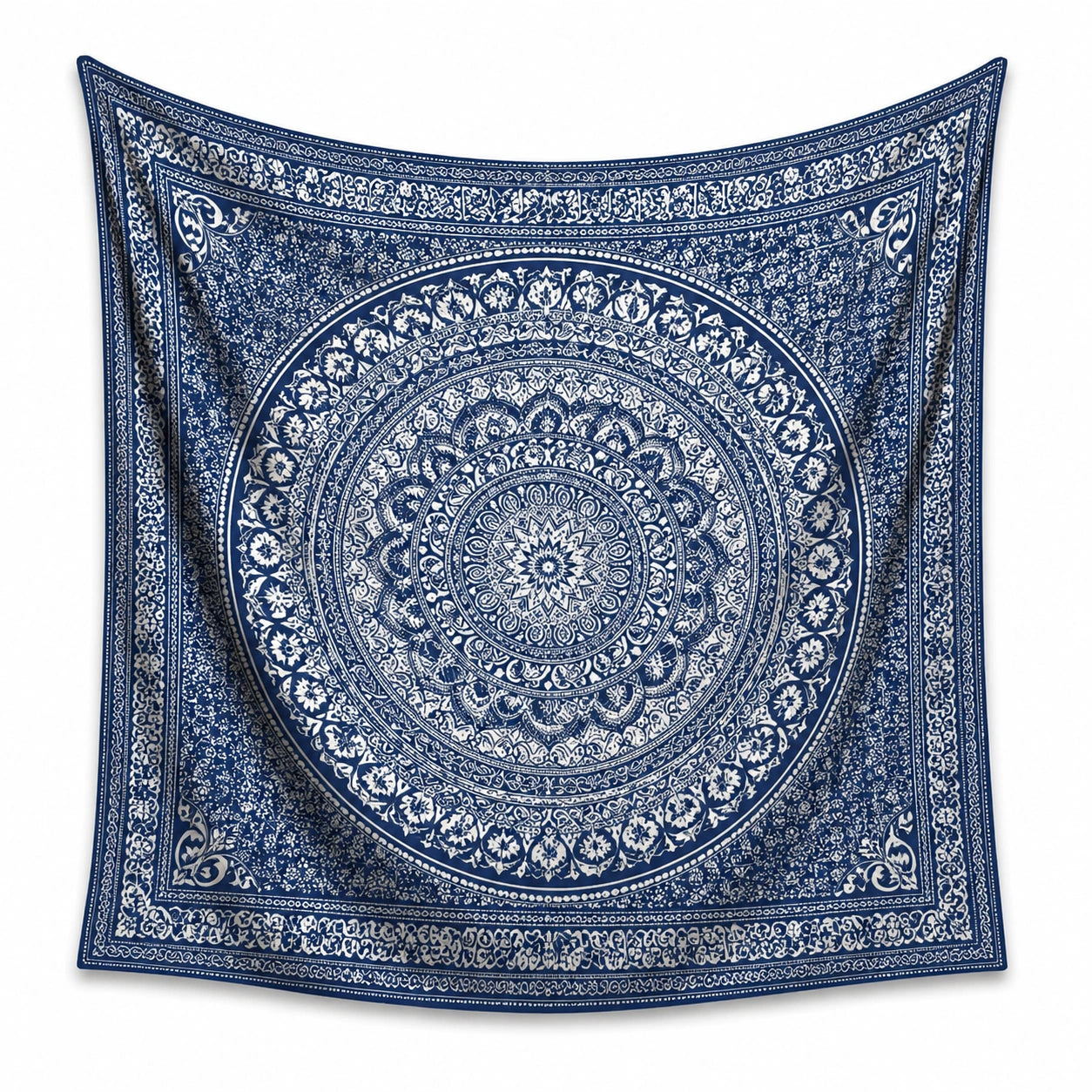 Arazzo da parete 150 x 150 cm in tessuto blu e bianco con motivo mandala decorativo