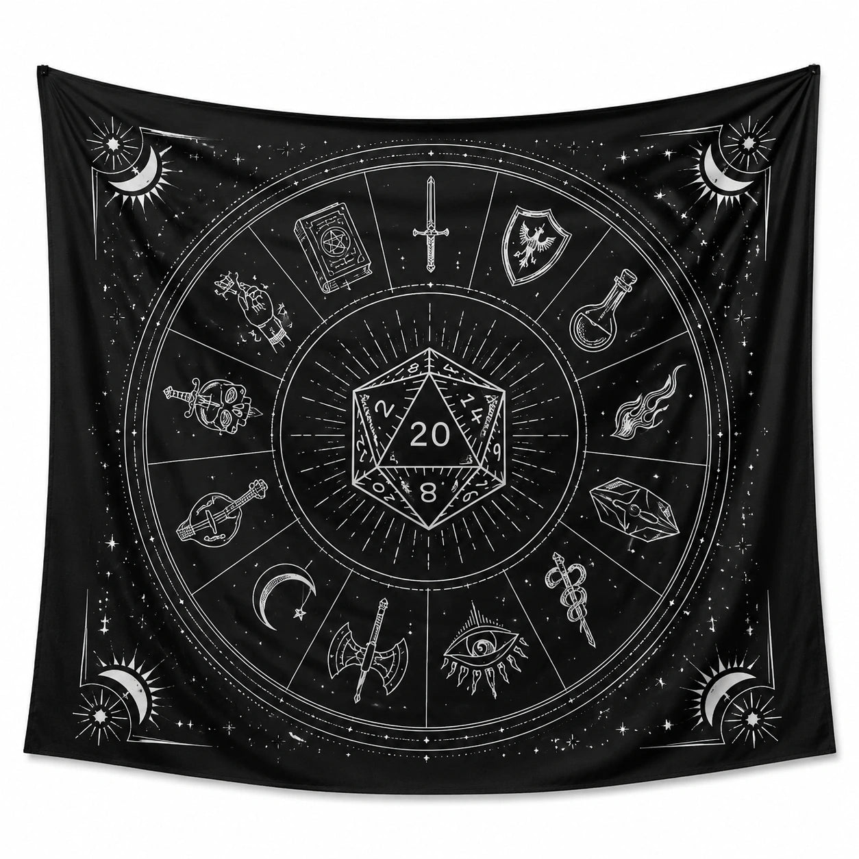 Arazzo da parete 150 x 150 cm in poliestere nero e bianco con dado e simboli fantasy decorativo