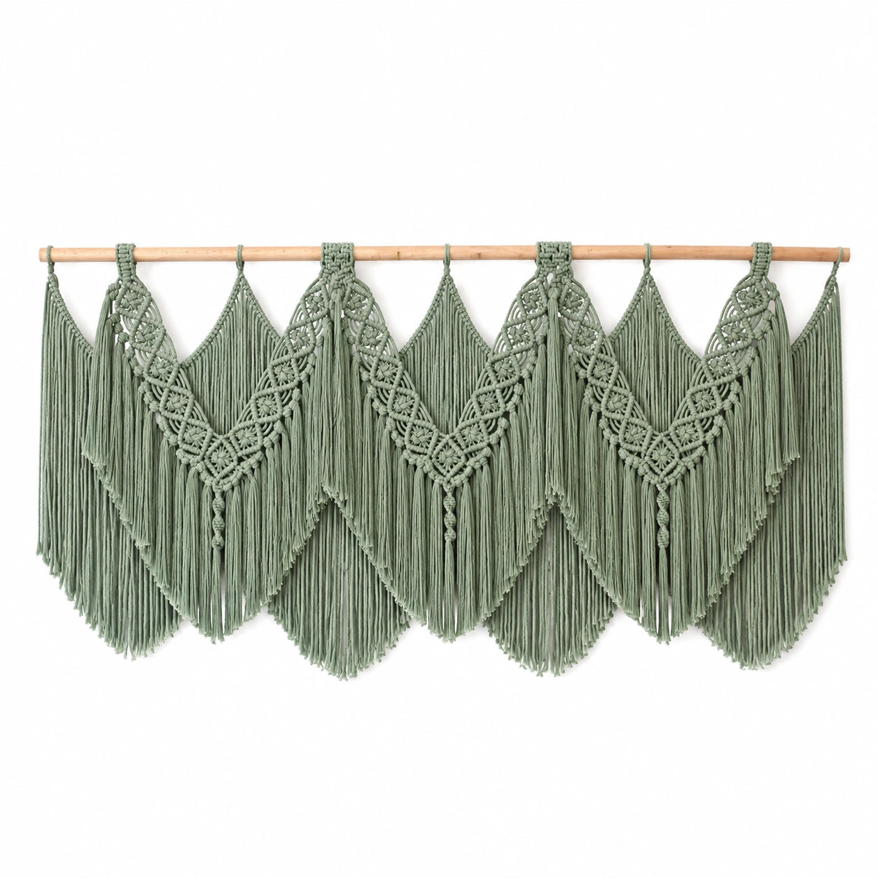 Arazzo da parete 120 x 65 cm in cotone verde salvia con frange stile boho