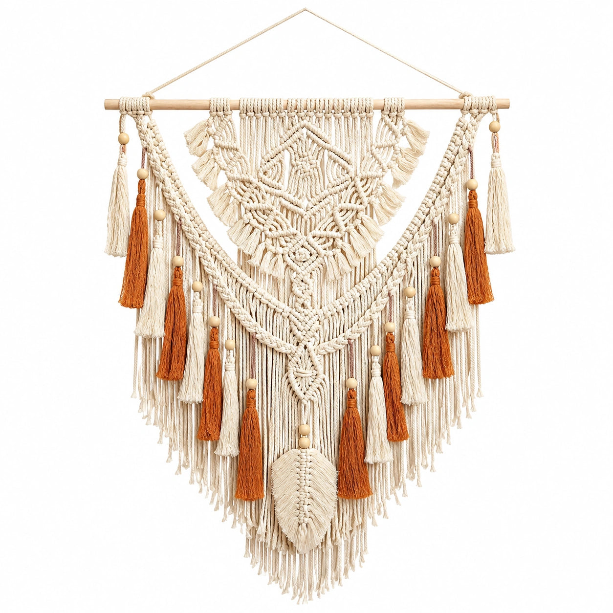 Arazzo da parete 80 x 115 cm in corda tessile beige e marrone - decorazione boho con frange
