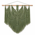 Arazzo da parete in macramè 120 x 120 cm verde salvia con frange e bastone in legno stile boho