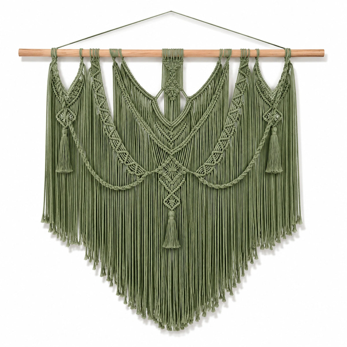Arazzo da parete in macramè 120 x 120 cm verde salvia con frange e bastone in legno stile boho