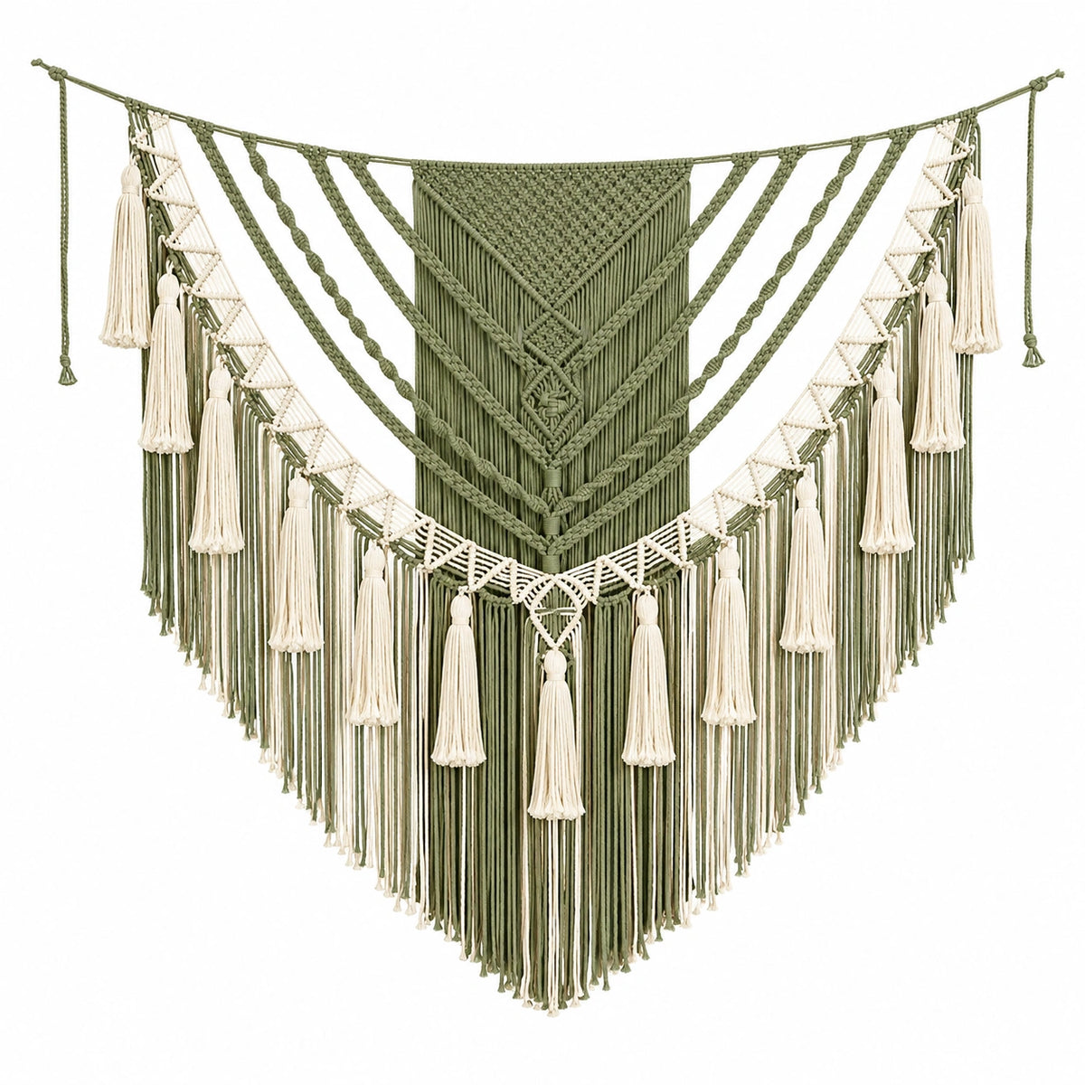 Arazzo da parete 100 x 120 cm in cotone verde oliva e avorio stile boho con frange