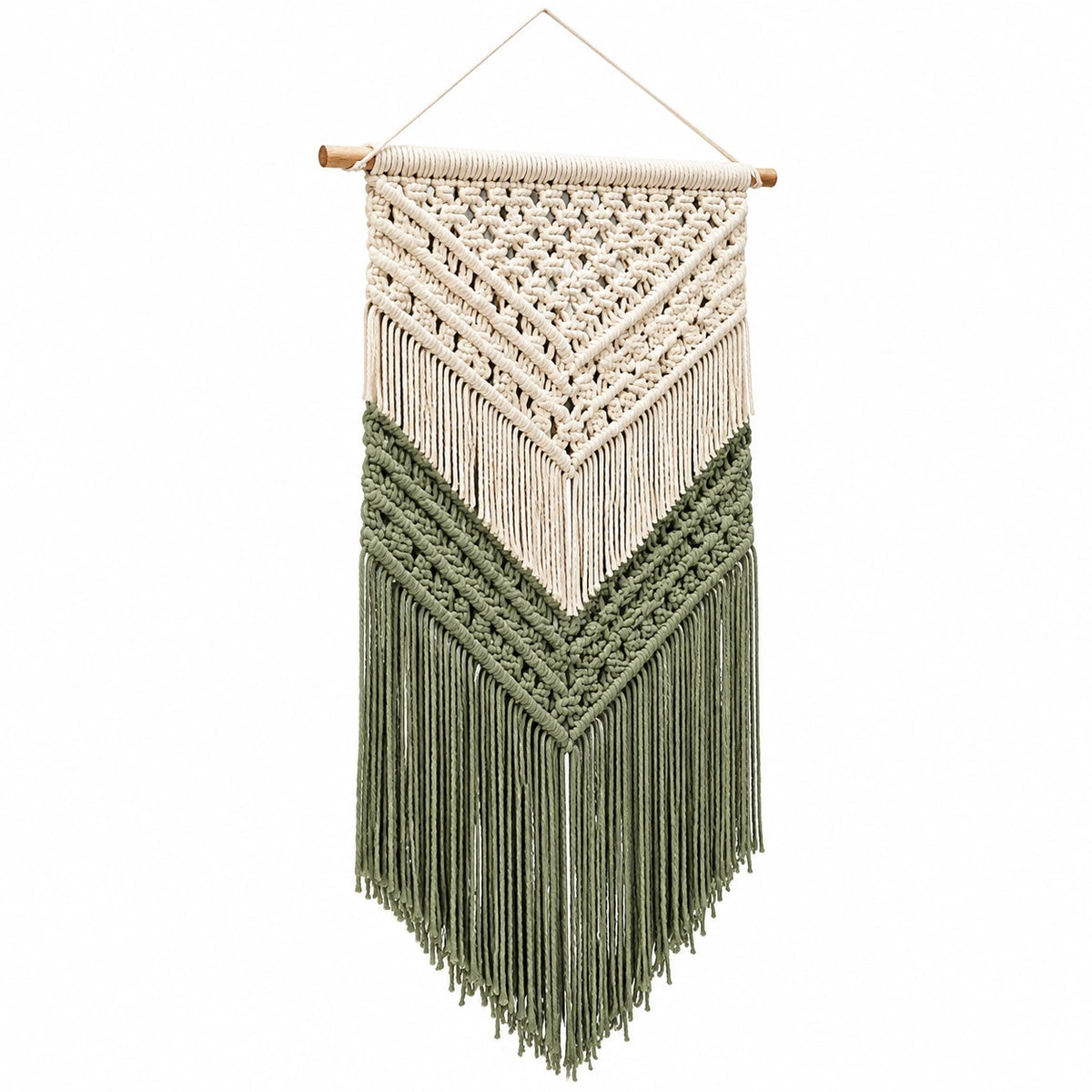 Arazzo da parete 40 x 100 cm in cotone beige e verde con frange stile boho