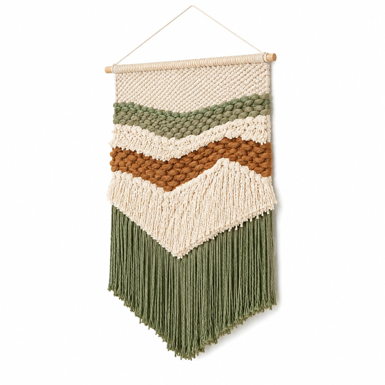 Arazzo da parete 40 x 80 cm in cotone beige verde e marrone con frange stile bohémien