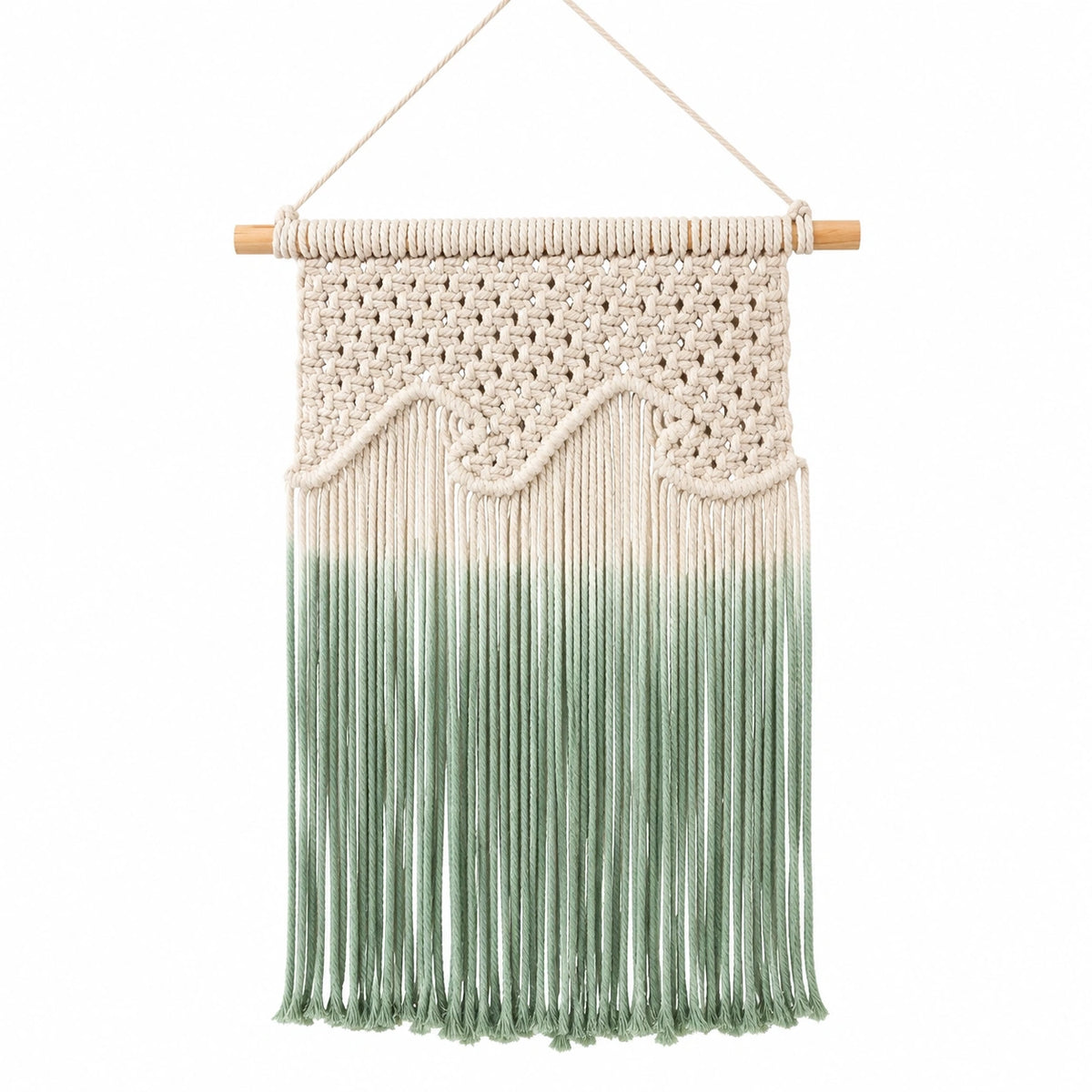 Arazzo da parete 40 x 75 cm in corda tessile beige verde stile boho con frange