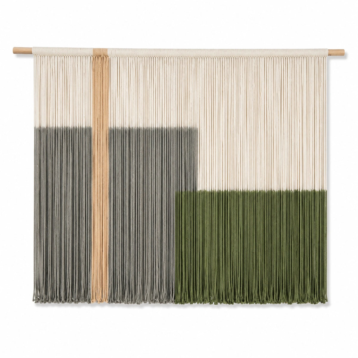 Arazzo da parete 100 x 95 cm in cotone beige grigio verde con barra in legno stile boho