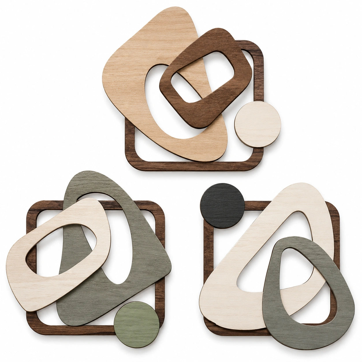 Set pannelli decorativi da parete 30 x 30 cm in legno beige marrone verde e nero stile astratto