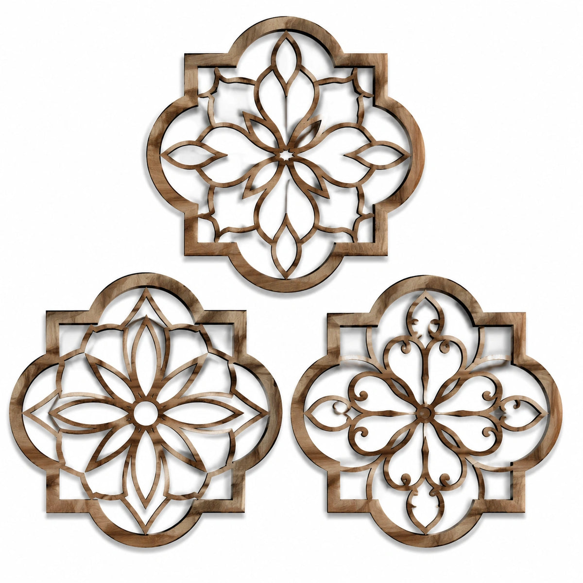 Decorazioni da parete set 3 pezzi 30 x 30 cm in legno marrone con motivo floreale traforato
