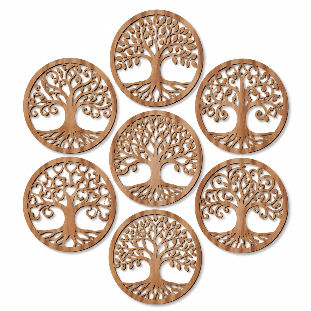 Decorazioni murali set 7 pezzi 30 cm in legno marrone con albero della vita - stile naturale intagliato