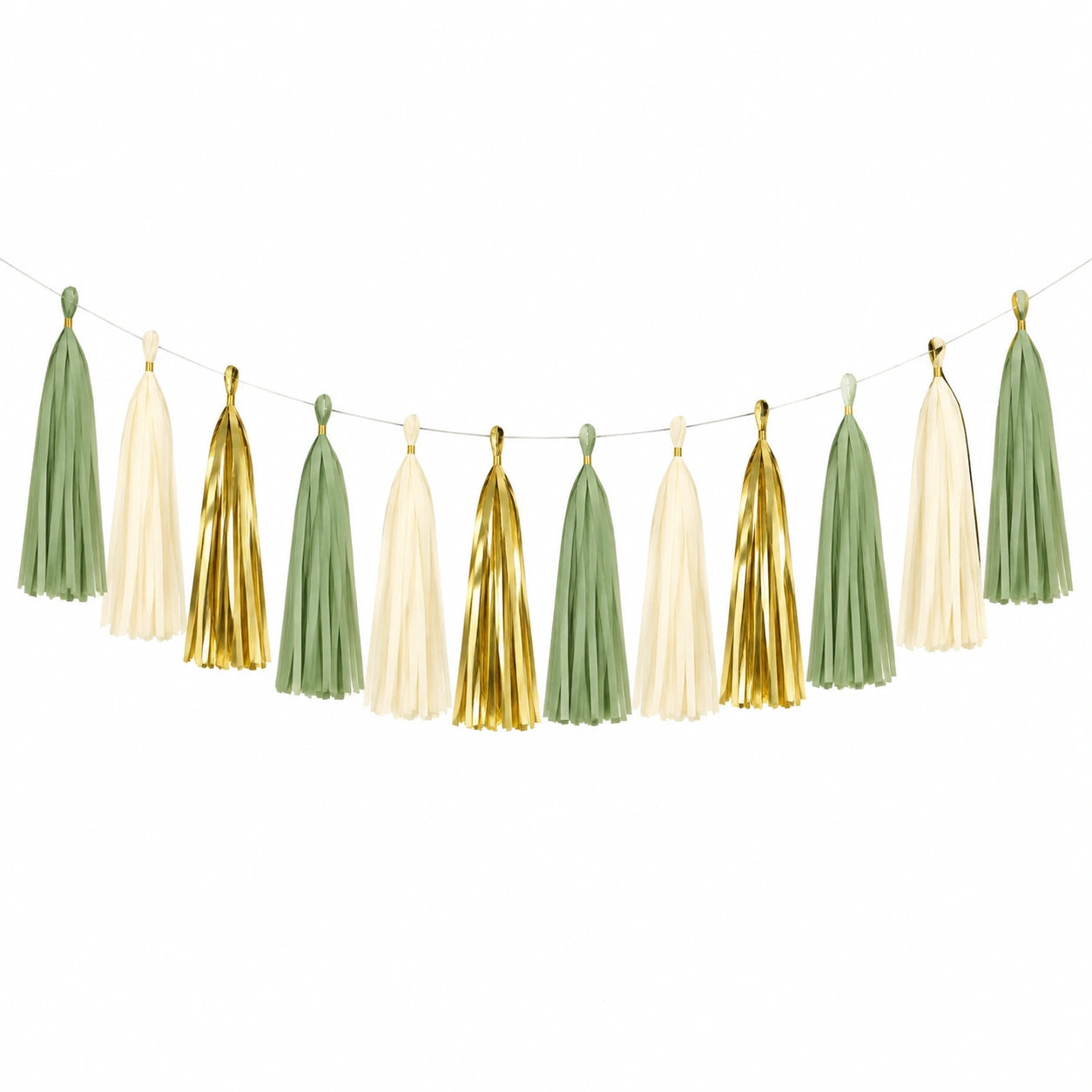 Ghirlanda decorativa con nappine 180 x 45 cm in carta verde avorio oro per feste